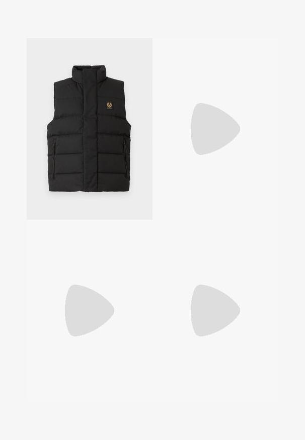 Black puffer vest with a high collar, front zipper pockets, and a brand logo patch on the chest. Quilted texture throughout.; Black short-sleeve T-shirt made from a smooth cotton blend, featuring a crew neckline and a minimalistic design with no patterns or accents.; Black jogger pants made of smooth fabric. Feature an elastic waistband with a drawstring, tapered legs, and no visible pockets. Simple design.; Black low-top leather sneaker with black laces and off-white sole shown in side profile on white background.