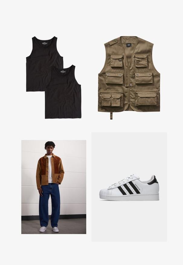 Khaki utility vest gemaakt van duurzaam materiaal, met meerdere voorzakken met flappen, een ritsluiting en een verstelbare nekriem.; Twee zwarte tanktops van katoen, met een eenvoudige ronde halslijn en mouwloos ontwerp, plat gelegd met een gladde textuur.; Man die binnen staat en een bruine corduroyjas met roestvlekken, een wit T-shirt, losse blauwe spijkerbroeken en witte sneakers draagt.; Witte Adidas Superstar sneaker met zwarte strepen, schelpneus en de tekst "Superstar" op de zijkant, weergegeven in linkse profiel op een witte achtergrond.