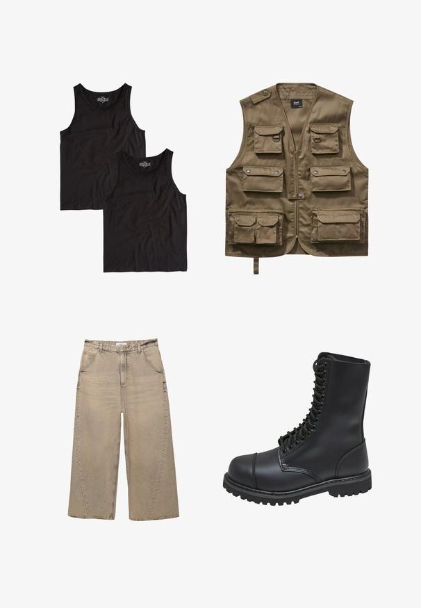 Gilet utility color khaki realizzato in tessuto resistente, dotato di numerose tasche frontali con alette, chiusura con zip e fascia regolabile per il collo.; Due due canotte nere in cotone, con un semplice scollo rotondo e design senza maniche, posate piatte con una texture liscia.; PULL&BEAR MEGA BAGGY - Jeans baggy - light grey; Stivale da combattimento in pelle nera con gambale alto, chiusura con lacci, colletto imbottito e suola texturizzata e robusta per una presa sicura. Presenta una punta rinforzata.