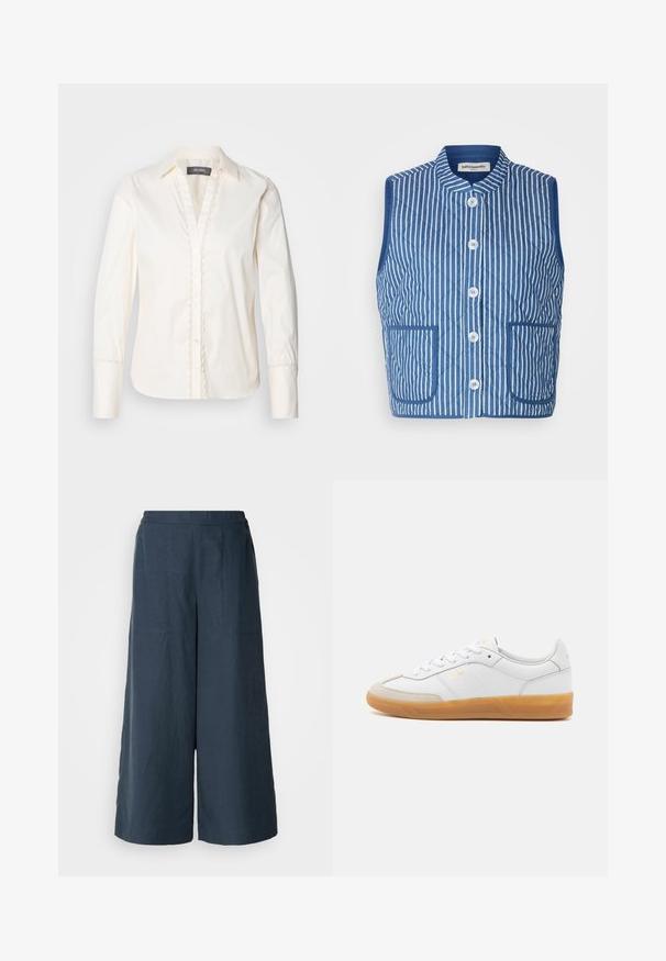 Mėlynas siuvinėtas liemenė su baltomis vertikaliomis juostelėmis, mandarinų apykakle, priekiniu užsegimu ir dviem kišenėmis. Minkštas audinio tekstūra.; Mos Mosh WAVE SHIRT - Užsagstoma palaidinė - ecru; Platų kojų kelnės tamsiai mėlynos spalvos, pagamintos iš lengvos medžiagos. Turtinga šiek tiek tekstūruota paviršiaus, elastinga juosmens juosta ir priekiniai siūlai.; Baltos odinės sportinės bateliai su smėlio spalvos zomšos akcentais, guminiu padu ir raištelių uždarymu. Savybė, subtilus auksinis ženklinimas.