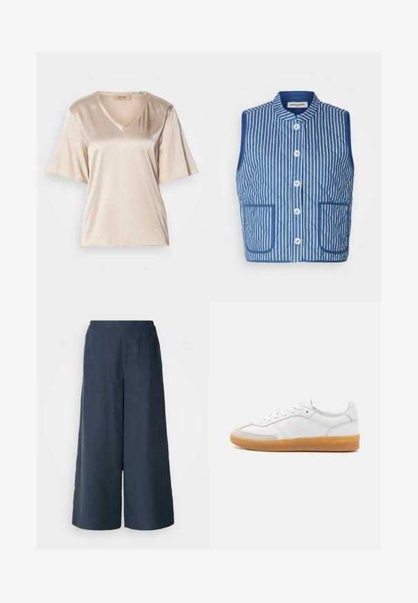 Gilet trapuntato blu con righe verticali bianche, colletto alla cinese, bottoni frontali e due tasche a toppa. Tessuto morbido.; T-shirt in satin beige con scollo a V, maniche corte a campana e una texture liscia. Il design è semplice, senza motivi o decorazioni.; Pantaloni a gamba larga di colore blu navy, realizzati in tessuto leggero. Presentano una superficie leggermente texture, una vita elastica e cuciture frontali.; Sneaker in pelle bianca con accenti in suede beige, suola in gomma naturale e design con lacci. Presenta un marchio sottile in oro.