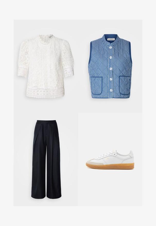 Quilted vest in blue with white vertical stripes, a mandarin collar, front buttons, and two patch pockets. Soft fabric texture.; White lace blouse featuring a high neckline, puffed short sleeves, and intricate floral patterns with scalloped lace trim.; Wide-leg trousers in dark navy fabric with a smooth texture, featuring front pleats and an elastic waistband for comfort.; White leather sneaker with beige suede accents, gum rubber sole, and lace-up design. Features subtle branding in gold.