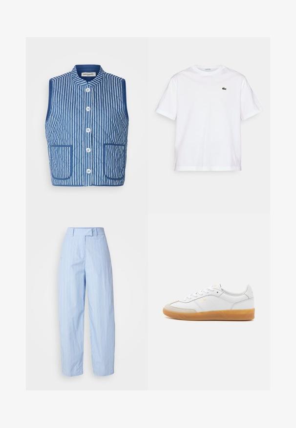 Pikowana kamizelka w niebieskim kolorze z białymi pionowymi pasami, z kołnierzykiem mandarynki, z przodu zapinana na guziki oraz dwoma kieszeniami naszytymi. Miękka tekstura materiału.; Biała bawełniana koszulka z okrągłym dekoltem i krótkimi rękawami. Posiada zielone haftowane logo na piersi. Miękka tekstura, luźny krój.; Jasnoniebieskie spodnie w szerokim kroju z pionowymi białymi i czerwonymi paskami, z pasem z pętlami na pasek i bocznymi kieszeniami.; Białe skórzane sneakersy z beżowymi akcentami z zamszu, gumową podeszwą i sznurowanym zapięciem. Posiadają subtelną złotą markę.