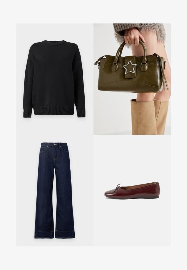 Gilet en polaire crème avec un col rond, un fermeture à boutons sur le devant et deux grandes poches plaquées. Présente une surface texturée et un passepoil contrastant.; Pull en maille noir à manches longues avec col rond côtelé, poignets et ourlet, présenté sur un fond blanc uni.; Jean large bleu foncé en denim. Caractéristiques : fermeture par bouton, détails de couture et poches latérales. Ourlet évasé en bas.; Ballerines en cuir verni bordeaux avec un bout rond, un petit nœud décoratif à l'avant et une semelle en caoutchouc noire basse. Texture lisse.; Sac à main en simili cuir vert olive avec accent étoilé argenté, deux poignées et fermeture éclair. Surface texturée et forme structurée.