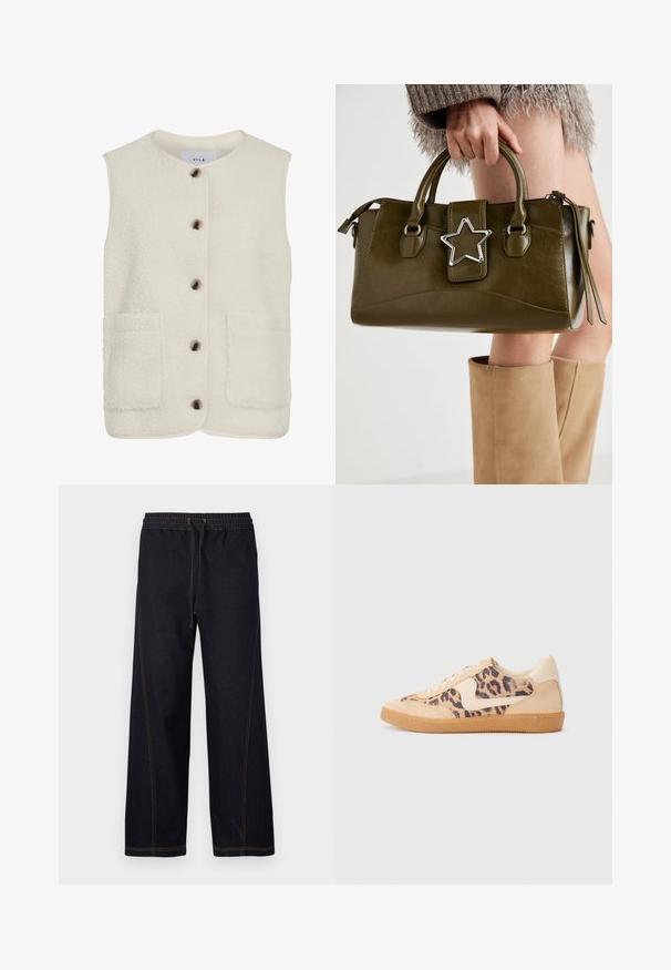 Fleecová vesta vo farbe smotany s okrúhlym výstrihom, predným zapínaním na gombíky a dvoma veľkými našitými vreckami. S textúrovaným povrchom a kontrastným lemovaním.; Biele tričko s dlhým rukávom vyrobené z rebrovanej tkaniny, s okrúhlym výstrihom a gombíkovou légiou so šiestimi priehľadnými gombíkmi.; Tmavomodré džínsové nohavice s širokými nohavicami, elastickým pásom so šnúrkou na stiahnutie, kontrastným oranžovým prešitím a priamymi, čistými líniami.; Tenisky s leopardím vzorom, s béžovým semišovým zvrškom, svetlohnedou gumovou podrážkou a bielymi akcentmi. Okrúhla špička a šnurovací dizajn s textúrovaným povrchom.; Olive zelená kabelka z faux kože s striebornou hviezdou, dvojitými uchami a zipsovým uzáverom. Textúrovaný povrch a štruktúrovaný tvar.