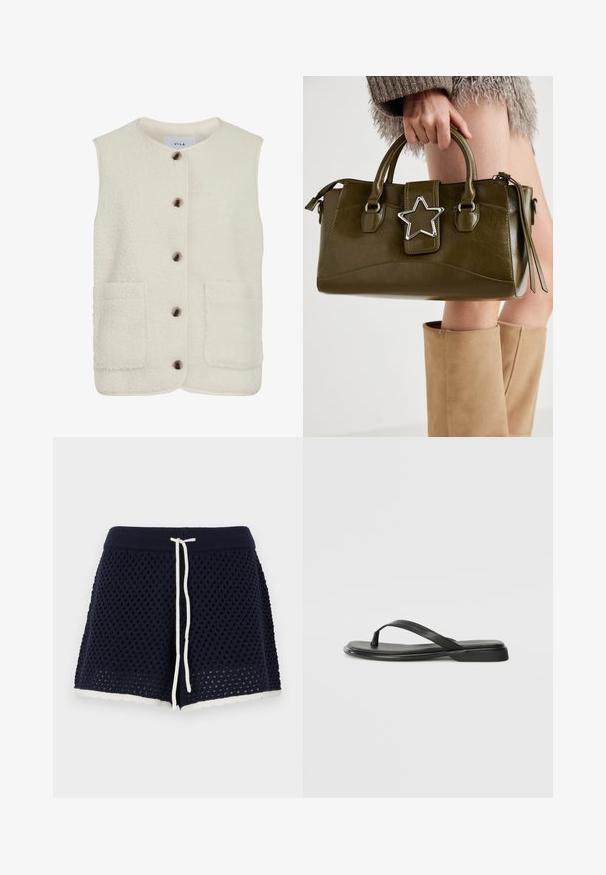 Fleece vest in crème met een ronde hals, sluiting met knopen aan de voorkant en twee grote opgestikte zakken. Heeft een gestructureerd oppervlak en contrasterende piping.; Zwarte lange mouwen, getailleerde top met een vierkante halslijn, gelabeled GAP, weergegeven op een witte achtergrond.; Marine gebreide shorts met een textuurpatroon, verstelbare koordjes en een geschulpte witte zoom. Lichtgewicht en ademend materiaal.; Zwarte teenflip-flop van glad leer, met een dunne band en een platte zool met een minimalistisch profiel. Geen opvallende patronen of accenten.; Olijf groen neplederen handtas met zilveren steraccent, dubbele handvatten en een ritssluiting. Gelaagd oppervlak en gestructureerde vorm.