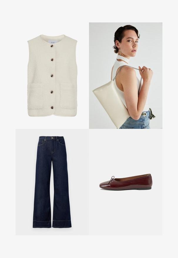 Gilet in pile color crema con collo rotondo, chiusura frontale con bottoni e due grandi tasche a toppa. Presenta una superficie texture e piping a contrasto.; Top senza maniche rosa chiaro realizzato in un tessuto morbido e elasticizzato. Presenta un scollatura rotonda e spalline sottili, con una texture liscia e una forma aderente.; Jeans a gamba larga blu scuro realizzati in denim. Presentano una chiusura con bottone, dettagli di cucitura e tasche laterali. Orlo inferiore a campana.; Ballerine in pelle verniciata bordeaux con punta arrotondata, piccolo fiocco decorativo sulla parte anteriore e suola bassa in gomma nera. Texture liscia.; Borsa a pochette rettangolare bianca realizzata in materiale lucido, con una tracolla in catena argentata. Il modello posa, mostrando la borsa su uno sfondo semplice.
