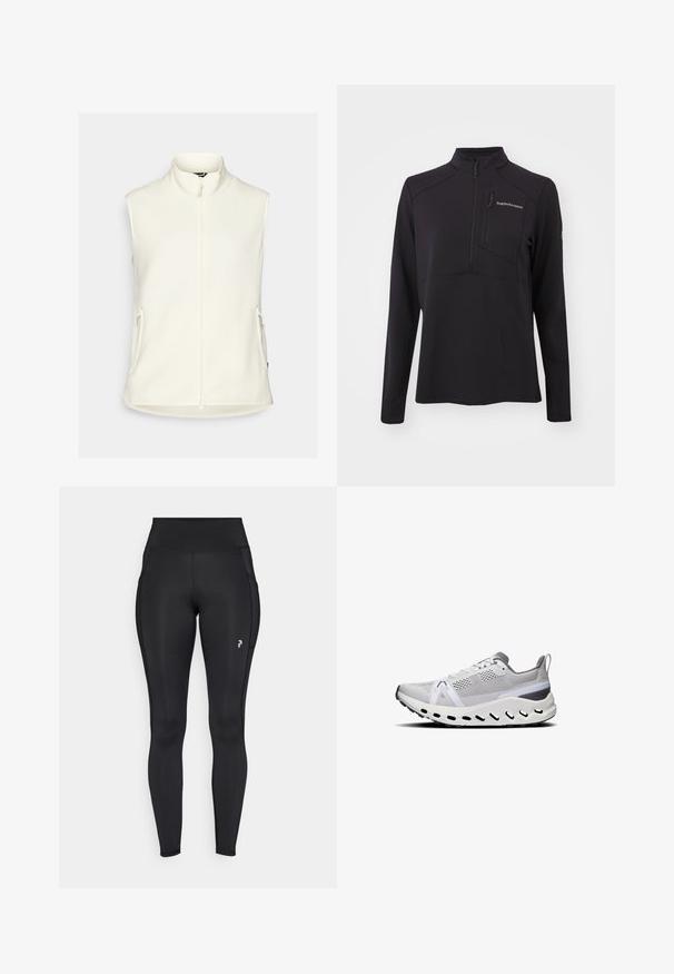 White fleece vest with a high collar, full front zipper, and two side pockets. Smooth texture, no sleeves, and rounded hemline.; Black long-sleeve pullover made from textured material, featuring a half-zip, high collar, and a zippered chest pocket. Brand logo on front.; Black full-length leggings made of stretchy material, featuring a high waist, side pockets, and a small logo on the left thigh.; White athletic shoes with a mesh upper, grey accents, thick cushioning sole, and multiple ventilation holes along the bottom edge.