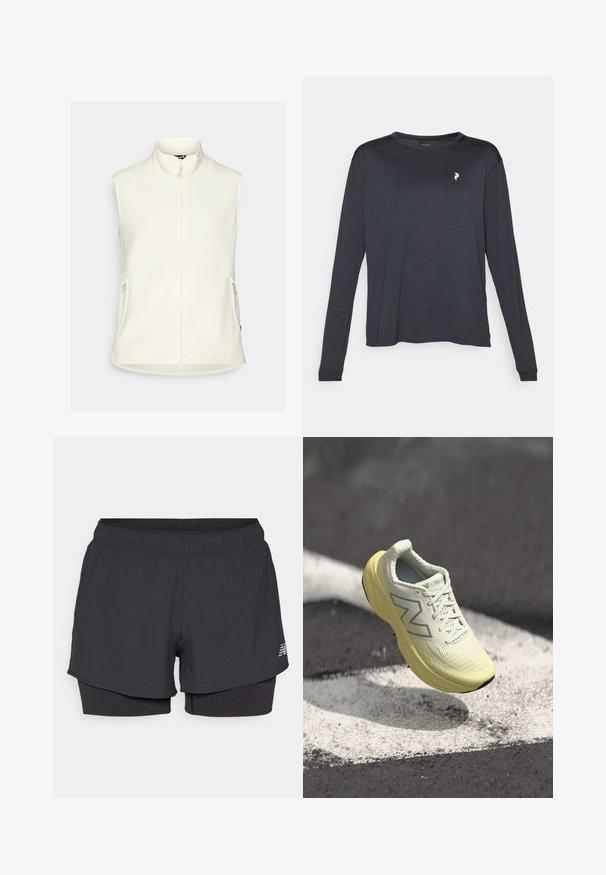 Balts vilnas vests ar augstu apkakli, pilnu priekšējo rāvējslēdzēju un divām sānu kabatām. Gluda tekstūra, bez piedurknēm un noapaļots apakšmalas dizains.; Tumša, garām piedurknēm T-kreklā, izgatavota no strukturēta auduma, ar apaļu kakla izgriezumu un mazu baltu logotipu kreisajā krūšu daļā.; Melni sporta šorti ar iekšējo oderi, kuriem ir elastīga jostasvieta, gluda tekstūra un atstarots logo sānos.; Gaiši dzelteni skriešanas apavi ar faktūrētu virsu, saitēm un mīkstu zoli. Iespējams sudraba logo sānos un elegants dizains.
