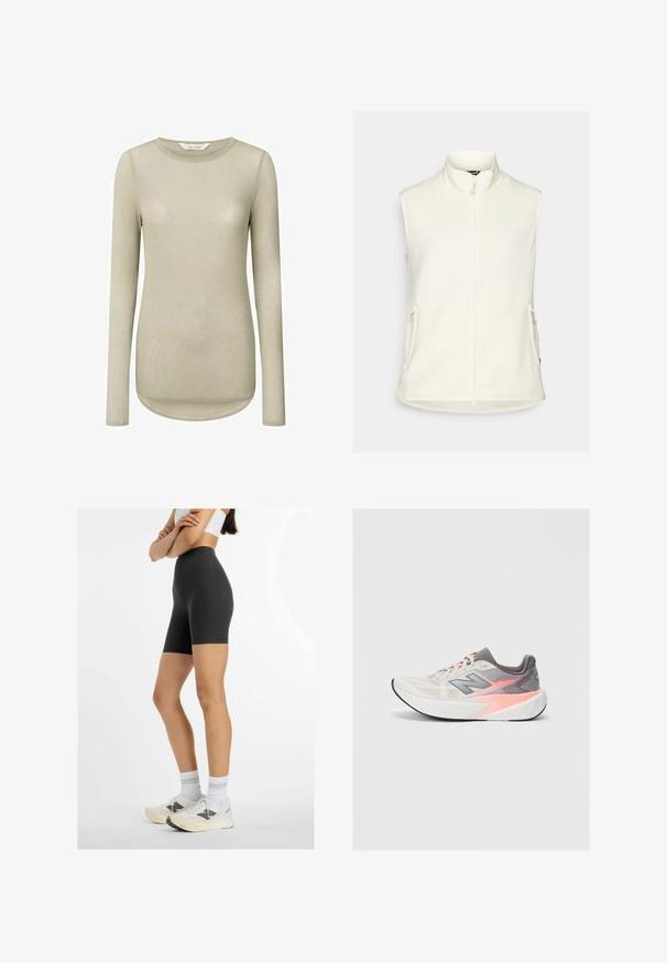 Gilet bianco in pile con colletto alto, zip frontale completa e due tasche laterali. Texture liscia, senza maniche e orlo arrotondato.; Camicia a maniche lunghe color beige chiaro con scollatura rotonda e orlo curvo. Realizzata in tessuto morbido e liscio con cuciture minime e senza fantasie.; Donna in pantaloni biker neri a vita alta, reggiseno sportivo bianco, calze bianche e sneakers bianche, in piedi con le braccia incrociate su uno sfondo bianco.; Scarpa da corsa New Balance grigio chiaro e rosa con suola bianca spessa e suola nera, vista laterale su sfondo uniforme.