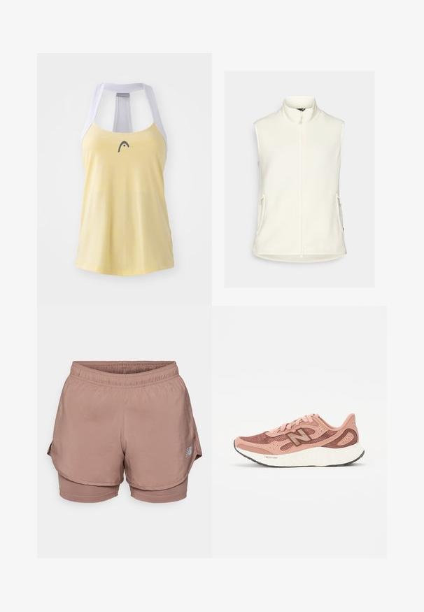 Hvit fleece vest med høy krage, hel glidelås foran og to sidelommer. Glatt tekstur, uten ermer, og avrundet nederkant.; Gul atletisk tanktop med en lys grå mesh racerback og en liten mørk logo på brystet. Glatt tekstur og uformell design.; Lyse rosa treningsshorts med elastisk midjebånd, lagdelt design og reflekterende logodetalj på siden. Glatt stoff.; Rosa løpesko med overdel i mesh, med et teksturert design og brune detaljer. Lett såle med betydelig demping.