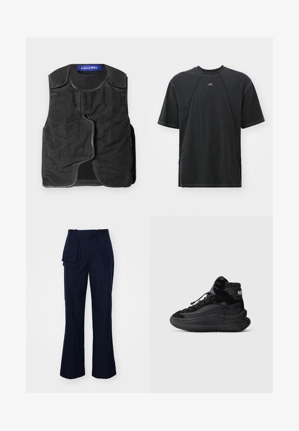 Czarna kamizelka z teksturowanej tkaniny, zaokrąglonym dekoltem, asymetrycznym zapięciem z przodu i bocznymi kieszeniami. Posiada niebieską metkę marki przy kołnierzu.; Czarny t-shirt z krótkim rękawem i okrągłym dekoltem, z kontrastowym przeszyciem oraz małym logo na piersi. Wykonany z miękkiego materiału bawełnianego.; Granatowe spodnie cargo o prostym kroju, z wieloma dużymi kieszeniami, płaskim paskiem w talii oraz gładkim, strukturalnym materiałem.; Czarne sneakersy za kostkę z grubą podeszwą, sznurowanym przodem, wyściełanym kołnierzem kostki i teksturowanymi panelami bocznymi na jednolitym jasnym tle.