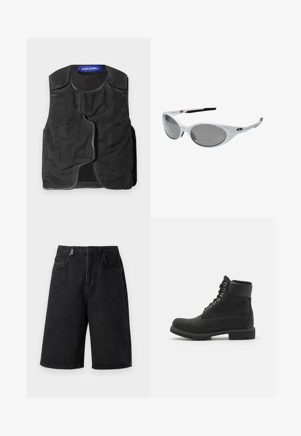 Chaleco negro con tela texturizada, escote redondeado, cierre frontal asimétrico y bolsillos laterales. Presenta una etiqueta de marca azul en el cuello.; Camiseta de algodón blanca con cuello redondo y mangas cortas. Con dobladillo recto y sin patrones ni acentos, ofrece un diseño simple.; Shorts de mezclilla negra con un corte holgado, cintura de altura media, cinco bolsillos y presillas para cinturón. La tela tiene una textura suave y detalles de costura sutiles.; Botín negro de ante con suela de goma, con ojales de metal, cordones y un suave cuello de piel sintética en la parte superior.; Gafas de sol de plástico blanco con grandes lentes ovalados, tintados de gris. Presentan almohadillas negras para las orejas y un pequeño logotipo en el armazón. Acabado suave.