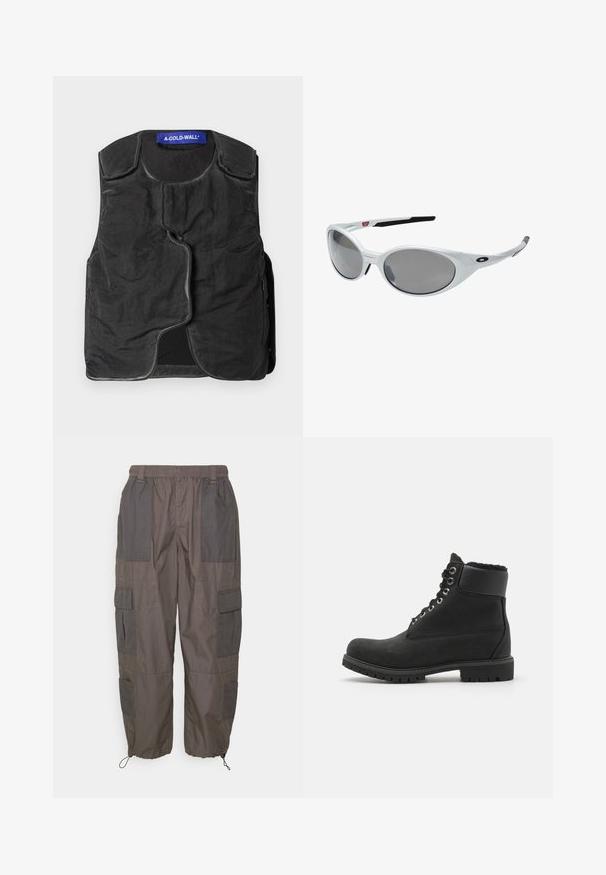 Černá vesta s texturovanou látkou, kulatým výstřihem, asymetrickým zapínáním vpředu a postranními kapsami. Na límci se nachází modrá značka.; Bílý bavlněný tričko s kulatým výstřihem, krátkými rukávy a volnějším střihem. Na výstřihu je štítek s nápisem "WEEKDAY".; Pier One Kapsáče - dark grey; Černé kotníkové boty vyrobené z jemného semiše s gumovou podrážkou, zdobené kovovými očky, šňůrkami a měkkým umělým kožíškem kolem vrchu.; Bílé plastové sluneční brýle s velkými oválnými skly, šedě tónovanými. Mají černé držáky na uši a malé logo na rámu. Hladký povrch.