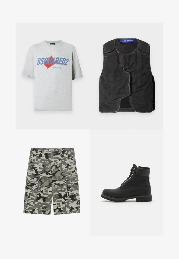 Black vest with textured fabric, rounded neckline, asymmetrical front closure, and side pockets. Features a blue brand label at the collar.; Gray short-sleeve t-shirt made of cotton. Features a blue "DSQUARED2" logo and a red maple leaf design. Crew neck with a relaxed fit.; Camouflage cargo shorts in shades of gray and green, featuring multiple pockets, a button closure, and sturdy fabric texture.; Black ankle boot made of suede with a rubber sole, featuring metal eyelets, laces, and a soft faux fur collar around the top.