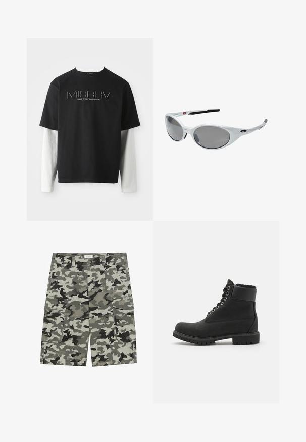 Schwarze Weste aus strukturiertem Stoff, mit rundem Ausschnitt, asymmetrischer Vorderseite und seitlichen Taschen. Mit einem blauen Markenlabel am Kragen.; Schwarzes kurzärmliges T-Shirt, das über weißen Langarmshirts getragen wird, mit dem MISBHV Club Wear Solutions-Logo zentral auf der Brust.; Tarnfarbene Cargo-Shorts in Grautönen und Grüntönen, mit mehreren Taschen, einem Knopfverschluss und robuster Stoffstruktur.; Schwarze Knöchelstiefel aus Wildleder mit Gummisohle, ausgestattet mit metallischen Ösen, Schnürsenkeln und einem weichen Kunstfellkragen am oberen Rand.; Weiße Kunststoff-Sonnenbrille mit großen, ovalen Gläsern in grauer Tönung. Verfügt über schwarze Ohrpolster und ein kleines Logo am Rahmen. Glatte Oberfläche.