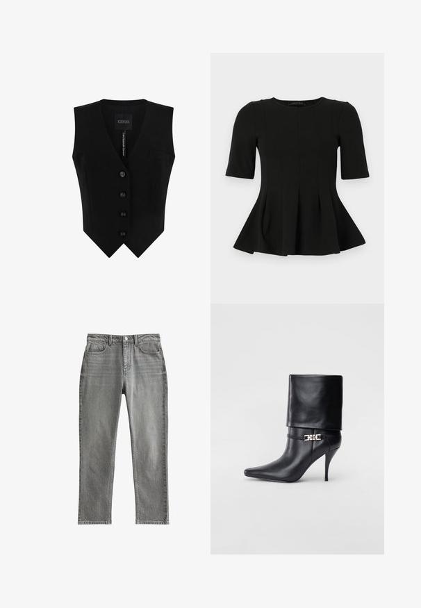 Chaleco negro con diseño de escote en V, que cuenta con cuatro botones redondos decorativos, un pequeño bolsillo y una textura de tela suave.; Top peplum negro de manga corta con escote redondo y detalles de costura vertical, presentado sobre un fondo blanco.; Jeans de denim gris con un corte recto, diseño de cinco bolsillos, cierre de botón y una textura sutil; sin patrones o adornos visibles.; Botín de cuero negro hasta el tobillo con punta afilada, tacón alto de aguja, puño doblado y un detalle decorativo de hebilla dorada en el tobillo.