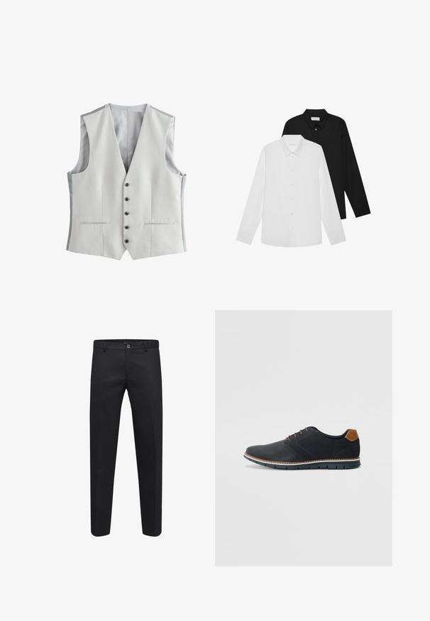 Gaiši pelēks veste no gludas auduma, ar V-veida kakla izgriezumu, piecām melnām pogām un divām sānu kabatām. Oderēta ar rakstainu pelēku materiālu.; Baltas un melns garām piedurknēm krekls ar norādītām apkaklēm, priekšējiem pogām un gludu auduma tekstūru. Etiķetes redzamas iekšējā kakla daļā.; Melni piegriezti bikses, kas izgatavotas no gludas auduma, ar pogu aizdari, jostu cilpām un sānu kabatām, ar taisnu kāju dizainu.; Melni sintētiskie apavi ar struktūru augšdaļā, gludu akcentu, brūnu papēdi un kontrastējošu zoli. Iezīmē minimālu šņorēšanu un šuvju detaļas.