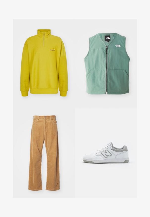 Grüner ärmelloser Anorak mit durchgehendem Reißverschluss, zwei Fronttaschen und einem Logo auf der linken Brust. Hergestellt aus leichtem Material mit matter Oberfläche.; Gelber Fleece-Pullover mit einem halben Reißverschluss, gerippten Bündchen und einem gestickten Logo auf der linken Brust. Weiche Textur.; Corduroy-Hosen mit weitem Bein in einer beige Farbe. Mit strukturierten, vertikalen Rillen, einem Standardbund und zwei vorderen Taschen ausgestattet.; Weiße Ledersneakers mit grauen Akzenten, ausgestattet mit einem perforierten Zehenbereich, flachen Schnürsenkeln und einer gemusterten Sohle. New Balance-Logo an der Seite.