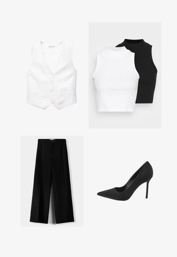 Gilet bianco in lino con scollatura a V, cinque bottoni frontali, due tasche e una forma leggermente strutturata. Tessuto liscio, senza motivi o accenti.; Due top in maglia senza maniche, a collo alto, in nero e bianco, con un design aderente e una superficie liscia, di lunghezza cropped.; Pantaloni neri a gamba larga realizzati in tessuto leggero, caratterizzati da una chiusura frontale con bottone e frontale piatto, con orli cuciti con precisione.; Pump neri in suede con tacco alto, punta affusolata e dettaglio a taglio sul lato; presenta un sottile tacco a stiletto e una fodera interna liscia.