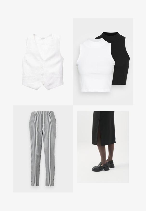Witte linnen gilet met een V-hals, vijf knopen aan de voorkant, twee zakken en een licht gestructureerde vorm. Soepele textuur, zonder patronen of accenten.; Twee mouwloze ribgebreide coltruien in zwart en wit, met een slim fit ontwerp en een gladde textuur, met een cropped lengte.; Gestreepte broek in grijs en wit, met een getailleerde vorm, plooien en een gladde stofafwerking. Geen zichtbare zakken of versieringen.; Zwarte leren schoenen met een ronde neus, dikke blokhak en elastische zijkanten, gecombineerd met donkere panty's en een zwarte rok met een split.