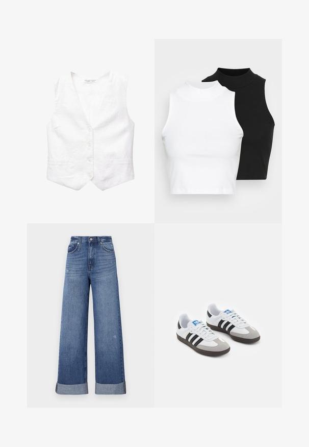 Bela lanena brezrokavnik z v-izrezom, petimi sprednjimi gumbi, dvema žepoma in nekoliko strukturno obliko. Gladek material, brez vzorcev ali dodatkov.; Dva brezrokavniki z rebrasto turtleneck gorami v črni in beli barvi, z oblikovanim dizajnom in gladko teksturo, v skrajšani dolžini.; Široke, s visokim pasom, traperice v bledomodri barvi. Imajo šivane žepke, zapenjanje na gumb in zavihke na gležnjih.; Športni čevlji z belim usnjenim zgornjim delom, sivim semišem na prstih in tremi črnimi črtami. Imajo modro logo na jeziku in teksturiran gumijast podplat.