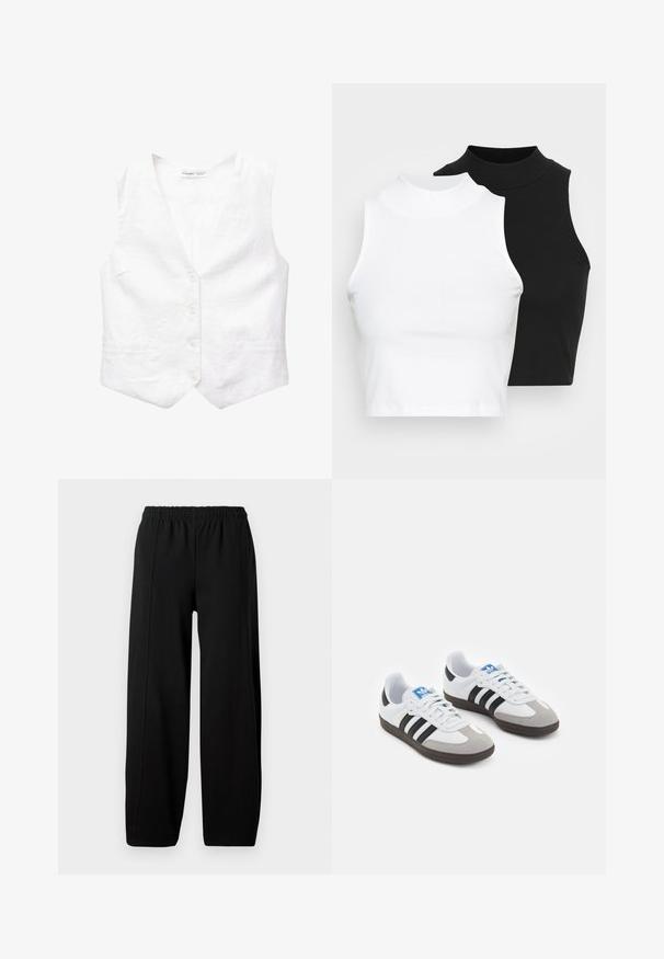 Witte linnen gilet met een V-hals, vijf knopen aan de voorkant, twee zakken en een licht gestructureerde vorm. Soepele textuur, zonder patronen of accenten.; Twee mouwloze ribgebreide coltruien in zwart en wit, met een slim fit ontwerp en een gladde textuur, met een cropped lengte.; Zwarte wijde broek met een elastische tailleband en zichtbare verticale naden op elk been, tegen een witte achtergrond.; Sportschoenen met een witte leren bovenkant, grijze suède neus en drie zwarte strepen. Bevat een blauw logo op de tong en een gestructureerde rubberen zool.
