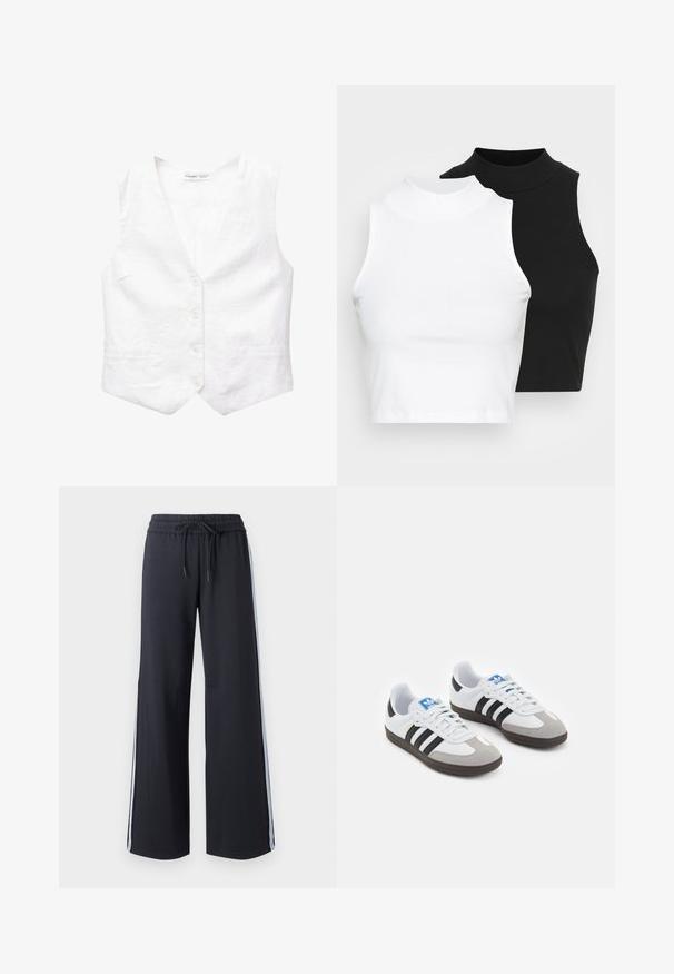 Biały lniany kamizelka z dekoltem w serek, pięcioma guzikami z przodu, dwiema kieszeniami i lekko strukturalnym krojem. Gładka faktura, bez wzorów ani akcentów.; Dwa bezrękawnikowe golfy w kolorze czarnym i białym, charakteryzujące się dopasowanym fasonem i gładką teksturą, o skróconej długości.; Czarne spodnie w szerokim kroju z elastyczną talią i sznurkiem. Posiadają niebieskie boczne paski oraz gładką, miękką fakturę.; Buty sportowe z białą skórzaną cholewką, szarym zamszowym noskiem i trzema czarnymi paskami. Posiadają niebieskie logo na języku oraz teksturowaną gumową podeszwę.