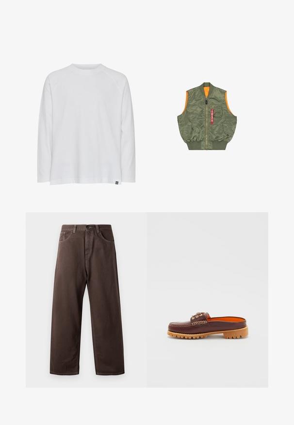 Rinna välimust rohelise bomber-jaki vest, millel on ees tõmblukk, kaks kinnitusega taskut, rinna peal tõmblukk tasku ja punane silt "Eemalda enne lendu".; Valge pika varrukaga T-särk ümmarguse kaelusega, lõdva istuvusega ja raglanvarrukatega. Valmistatud pehmest puuvillakangast; omab väikest brändi sildi.; Pruunid laia säärega püksid, mis on valmistatud puuvillast, klassikalise viie tasku kujundusega, lukuga ja nähtavate õmbluse detailidega.; Pruuni nahast libisev king, ümmarguse varbaga, tekstuurse õmblusega detailid, kuldsed silmad ja pruun, sooneline tall. Interjöör on erkoranž.