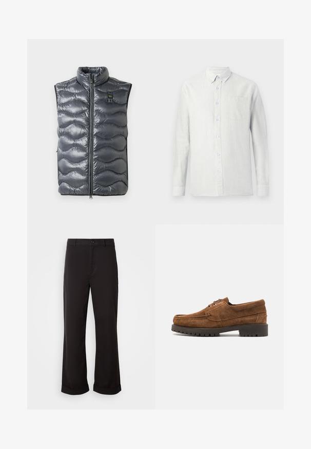 Pilkas pūkinis liemenė su aukštu apykakle, turinti užtrauktuką ir bangų rašto tekstūrą. Pridedamas mažas logotipas šalia užtrauktuko.; Šviesios spalvos, ilgomis rankovėmis marškiniai su vertikaliomis juostelėmis, mygtukų segtuku apykaklėje ir krūtinės kišene. Audinys atrodo tekstūruotas, su minkšta apdaila.; Juodos tiesios kelnės, pagamintos iš lengvos medžiagos. Turi klasikinį sagos uždarymą ir pasuktus apačios kraštus.; Samsøe Samsøe SAKARL - Kasdieniai suvarstomi batai - dark cognac