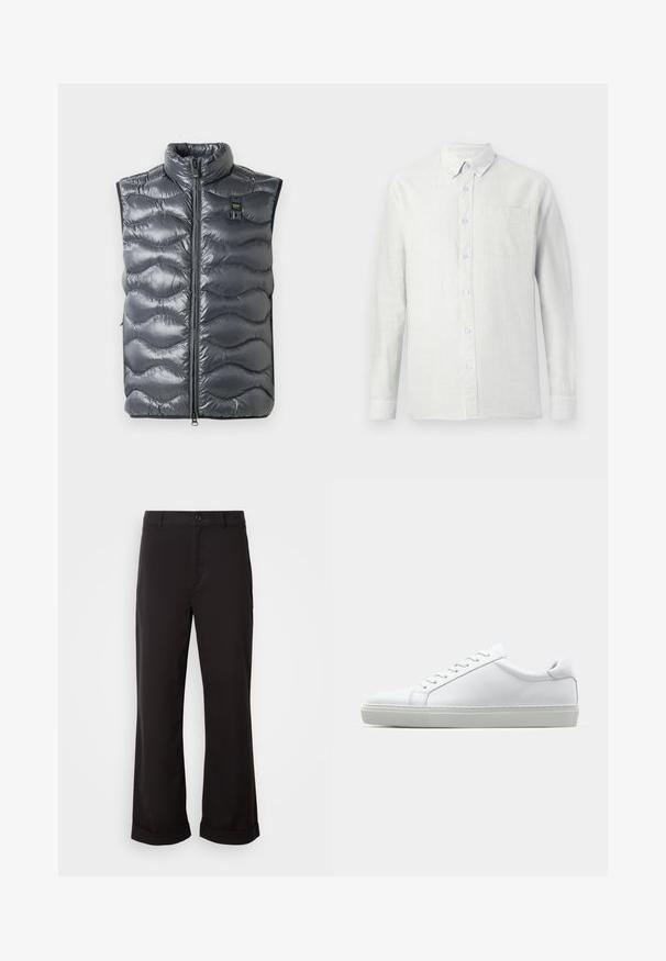 Pelēks pūķa veste ar augstu apkakli, ar rāvējslēdzēja aizdari un viļņu rakstu tekstūru. Iekļauta neliela logo tuvumā pie rāvējslēdzēja.; Gaišas krāsas garām piedurknēm krekls ar vertikālām svītrām, ar pogām aizdara apkakli un krūšu kabatu. Audums izskatās teksturēts ar maigu apdari.; Melni bikses ar taisnu piegriezumu, izgatavotas no viegla auduma. Tām ir klasiskas pogu aizdares un ripinātas maliņas.; Baltie sporta apavi ar gludu ādas virsu un zemu profilu. Iezīmējas ar noapaļotu purngalu, sešām acīm un teksturētu gumijas zoli.