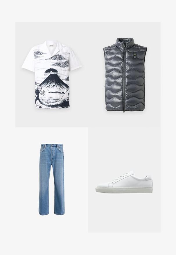 Grå puffervest med høy krage, som har glidelås og bølgemønster. Inkluderer en liten logo nær glidelåsen.; Kortermet hvit skjorte med et svart Mount Fuji-illustrasjon med skyer og bølger. Laget av lett stoff med en avslappet passform.; Lys blå denimjeans med rett ben-design, fem lommer, knappeåpning, minimal falming og kontrasterende sømdetaljer.; Hvit sneakers med en glatt skinnoverdel og lav profil. Har en rund tå, seks snøring hull, og en teksturert gummisåle.