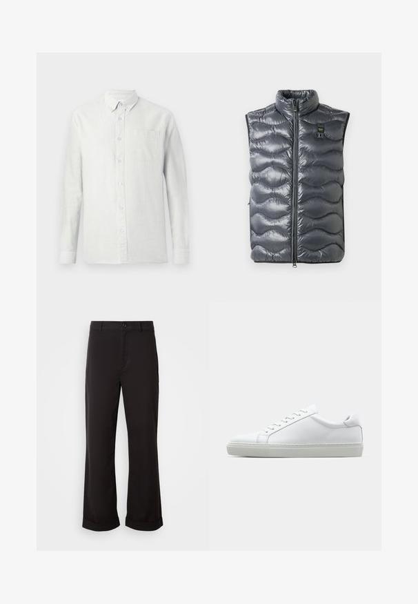 Grå puffervest med høy krage, som har glidelås og bølgemønster. Inkluderer en liten logo nær glidelåsen.; Lysfarget, langermet skjorte med vertikale striper, knappekrage og brystlomme. Stoffet ser teksturert ut med en myk overflate.; Sorte bukser med rett passform, laget av lett stoff. Har klassisk knappelukking og rullet mansjett ved sømmen.; Hvit sneakers med en glatt skinnoverdel og lav profil. Har en rund tå, seks snøring hull, og en teksturert gummisåle.