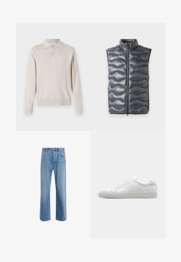 Halli puffer vest kõrge kaelusega, millel on lukuga sulgemine ja lainemustriga tekstuur. Seal on väike logo luku lähedal.; Heledan-beež pikaaelusega polo-särk, mis on valmistatud pehmest materjalist. Omab krae, kolme nööbiga klappi ning ribakandiga varruka- ja allserva.; Heledad sinine teksapüksid otse lõikega, viie taskuga, nupuga sulgemine, minimaalne kulumine ja kontrastsed õmbluse detailid.; Valge tennisetoss, millel on sile nahk pealis ja madal profiil. Omab ümarat ninaosa, kuut silmust ja tekstuuriga kummist talda.