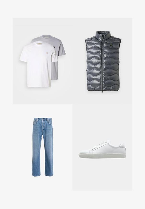 Vestă puf gri cu guler înalt, dotată cu închidere cu fermoar și textură în valuri. Include un mic logo lângă fermoar.; Două tricouri cu mânecă scurtă: unul alb și unul gri deschis. Ambele au guler rotund, sunt din material de bumbac și au un logo mic pe față.; Jeans din denim bleu deschis cu un design drept, cinci buzunare, închidere cu buton, decolorare minimă și detalii de cusătură în contrast.; Adidași albi cu o suprafață din piele netedă și un profil jos. Au un vârf rotunjit, șase orificii pentru șireturi și o talpă din cauciuc texturată.