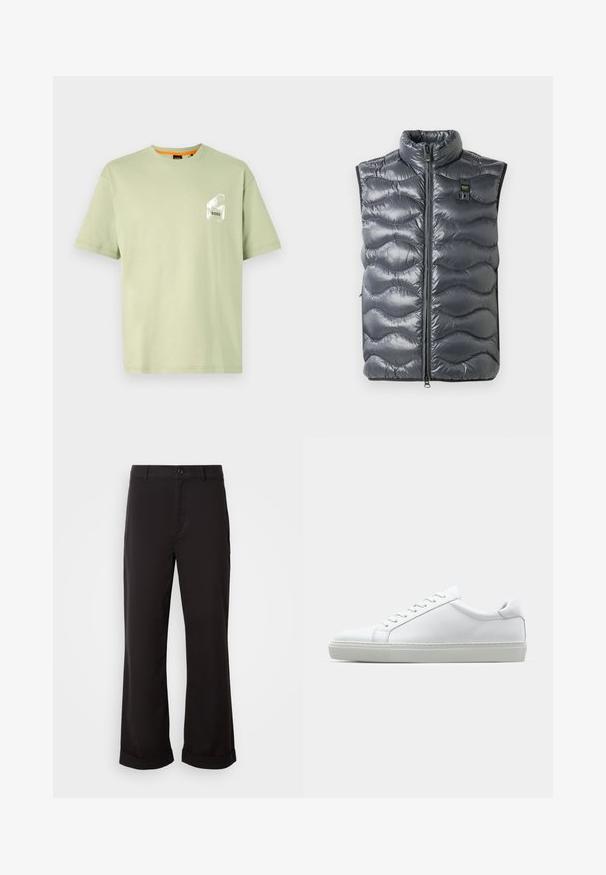 Pilkas pūkinis liemenė su aukštu apykakle, turinti užtrauktuką ir bangų rašto tekstūrą. Pridedamas mažas logotipas šalia užtrauktuko.; Šviesiai žalia medvilninė marškinėliai su apvaliu kaklu, trumpomis rankovėmis ir baltu logotipu, atspausdintu ant krūtinės kišenės. Lygi tekstūra ir atsipalaidavęs fasonas.; Juodos tiesios kelnės, pagamintos iš lengvos medžiagos. Turi klasikinį sagos uždarymą ir pasuktus apačios kraštus.; Baltas sportinis batelis su lygiu odiniu paviršiumi ir žemu profiliu. Turi suapvalintą pirštą, šešis akių skyrius ir tekstūruotą gumos padą.