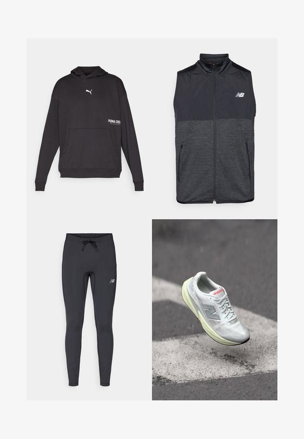 Melnā un tumši pelēkā krāsā bez piedurknēm, ar rāvējslēdzēju, stāvošu apkakli, divām kabatām ar rāvējslēdzēju un balto "New Balance" logo uz kreisā krūtis.; Puma melnā kapučjaka ar priekšējo kabatu, balto logo uz krūšu un "PUMA CREW" izdrukātu baltā krāsā malā. Mīksts audums, regulāra piegriezuma.; Melnas sportiskas legingas, kas izgatavotas no elastīga auduma. Aprīkotas ar aukliņu jostu un mazu atstarotāju logotipu labajā priekšējā augšstilbā.; Viegls skriešanas apavs ar baltu tīkla augšdaļu, dzeltenu starpsienu un pelēkiem akcentiem. Iezīmējas ar izteiktu 'N' logotipu un teksturētu virsmu.