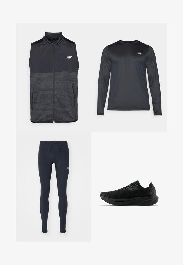 Vest fără mâneci, de culoare neagră și gri închis, cu fermoar, guler înalt, două buzunare cu fermoar și logo-ul alb New Balance pe pieptul stâng.; Cămașă sport cu mânecă lungă, de culoare neagră, realizată dintr-un material fin, ușor, cu o textură subtilă. Prezintă un logo mic în partea superioară stângă a pieptului.; New Balance SLEEK REFLECIVE TIGHT - Leggings - black; Pantoful sportiv negru, cu un material texturat, având un design elegant, sistem de închidere cu șireturi și o talpă mai groasă, cu un profil texturat pentru o aderență îmbunătățită.