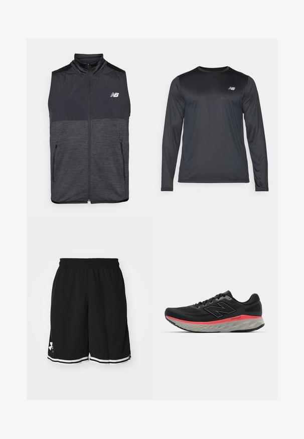 Colete sem mangas, preto e cinza escuro, com fecho de correr e gola alta, duas bolsos com fecho de correr e logótipo da New Balance em branco no lado esquerdo do peito.; Camisa atlética de manga longa em preto, feita de um tecido suave e leve com uma textura subtil. Apresenta um pequeno logótipo na parte superior esquerda do peito.; Calças de desporto pretas feitas de tecido texturizado. Apresentam uma cintura elástica e riscas brancas ao longo da barra. Logótipo exibido de lado.; Sapatilha de corrida preta com parte superior de malha, acentuada por uma faixa rosa na entressola e sola cinza. Apresenta detalhes texturizados e um design de sola flexível.