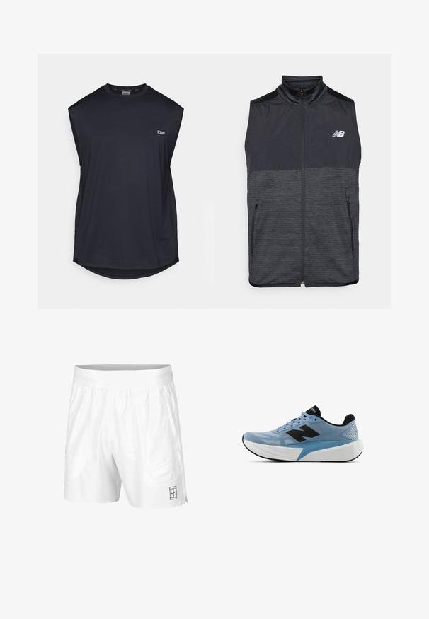 Zwart en donkergrijs mouwloos ritsvest met opstaande kraag, twee ritszakken en wit New Balance-logo op de linkerborst.; Donker marineblauw sportshirt zonder mouwen, gemaakt van gestructureerde stof. Heeft een ronde zoom en een klein logo aan de voorkant links. Ademend ontwerp.; Witte sportshorts gemaakt van lichtgewicht stof met een elastische tailleband, voorzien van twee zijzakken en een klein zwart logo op de zoom.; Lichtblauwe hardloopschoen met zwart logo, dikke witte zool en zwarte binnenvoering, zijaanzicht op een witte achtergrond.