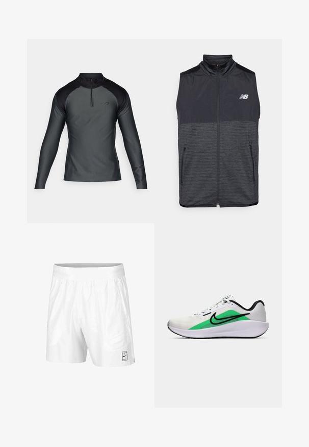 Černá a tmavě šedá bezrukávová vesta na zip s vysokým límcem, dvěma kapsami na zip a bílým logem New Balance na levé hrudi.; Dlouhá rukáv, tmavě šedý sportovní pulovr s černými rameny a čtvrtovým zipem na přední straně na bílém pozadí.; Bílé sportovní šortky vyrobené z lehkého materiálu s elastickým pasem, mají dvě boční kapsy a malé černé logo na lemu.; Bílé sportovní tenisky s zeleným akcentem, černým logem, síťovinovým svrškem, polstrovanou podešví a zaobleným podpatkem. Mají tkaničky a kontrastní detaily.
