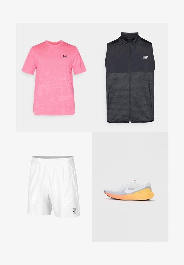 Colete sem mangas, preto e cinza escuro, com fecho de correr e gola alta, duas bolsos com fecho de correr e logótipo da New Balance em branco no lado esquerdo do peito.; Camisola atlética rosa de mangas curtas com um padrão de camuflagem texturizado. Apresenta um decote redondo e um logótipo na parte superior do lado esquerdo do peito.; Calções atléticos brancos feitos de um tecido leve com um cós elástico, apresentando dois bolsos laterais e um pequeno logotipo preto na bainha.; Sapatilha de corrida azul clara com um upper de malha respirável. Apresenta um swoosh branco, entressola laranja e amarela, e sola preta para tração.
