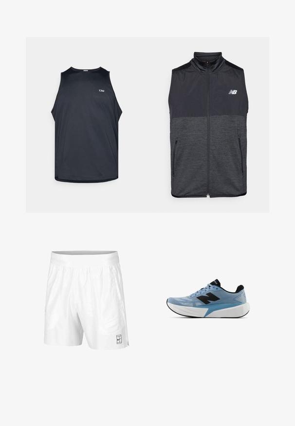 Crni i tamnosivi prsluk bez rukava s patentnim zatvaračem i stojećim ovratnikom, s dva džepa na patentni zatvarač i bijelim New Balance logom na lijevoj strani prsiju.; Crni sportski top bez rukava od teksturirane, prozračne tkanine. Ima okrugli izrez i široke izreze za ruke. Mali logotip sprijeda.; Bijele atletske kratke hlače izrađene od lagane tkanine s elastičnim pojasom, koje imaju dva bočna džepa i mali crni logo na rubu.; Svijetloplave trkačke tenisice s crnim logom, debelim bijelim potplatom i crnim unutarnjim oblogama, prikazane sa strane na bijeloj pozadini.