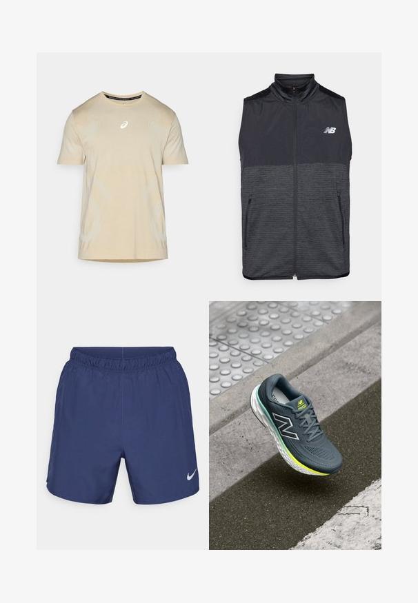 Crni i tamnosivi prsluk bez rukava s patentnim zatvaračem i stojećim ovratnikom, s dva džepa na patentni zatvarač i bijelim New Balance logom na lijevoj strani prsiju.; Svijetlosmeđa kratkoplasna atletska majica s reflektirajućim detaljima i teksturiranim završetkom, s zakrivljenim dizajnerskim linijama i okruglim izrezom.; Mornarske plave atletske kratke hlače od laganog materijala. Imaju elastičnu teretnu traku i mali bijeli Nike logo na donjoj lijevoj strani.; Siva sportska cipela s teksturiranim gornjim dijelom, crno-bijelim logotipom, zelenim naglascima i bijelim jastučićem za potplat. Postavljena iznad pločnika.