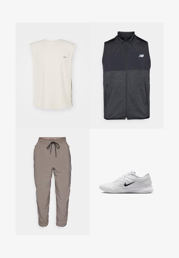 Čierna a tmavošedá bezrukávová vesta na zips so stojačikom, dvoma vreckami na zips a bielym logom New Balance na ľavej hrudi.; Krémová bezrukávová blúzka z ľahkého materiálu s výstrihom do V, bočnými rozparkami a malým logom na ľavej hrudi.; Nike cargo nohavice v svetlosivej farbe, s elastickým pásom na šnúrku, bočnými vreckami a zúženým strihom. Hladká tkanina.; Biele športové topánky s textúrovaným sieťovaným zvrškom, čiernym logom Nike, polstrovaným golierom a gumovou podrážkou so vzorom dezénu.