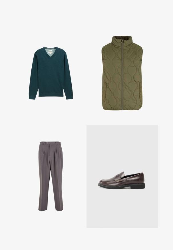 Vaatteet peitetty liivi oliivinvihreänä, jossa on korkea kaulus, etuvetoketju ja kaksi sivutaskua. Suora pinta, jossa on aaltoileva ompelukuvio.; Tumman teal-värinen v-pääntie neulepaita, joka on valmistettu pehmeästä kankaasta; siinä on pitkät hihat, ribbaatut hihansuut ja brändäystä varten kaula-aukon kohdalla oleva tarralappu.; Harmaat pleatatut housut, jotka on valmistettu sileästä kankaasta, jossa on suora lahkeiden muoto, yksi nappikiinnitys ja viistot sivutaskut.; Ruske nahkasaappaat sileällä pinnalla, joissa on hienovarainen tikkaus yksityiskohtana yläpinnassa ja musta kumipohja.