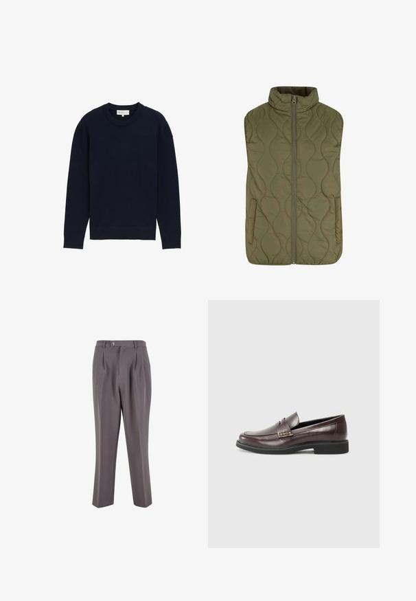 Prešívaná vesta v olivovo zelenej farbe, s vysokým golierom, predným zipsom a dvomi bočnými vreckami. Hladká textúra so vlnitým vzorom šitia.; Námornícky modrý pulóver s dlhým rukávom, s rebrovaným okrúhlym výstrihom a manžetami, vystavený na jednoduchej bielej ploche.; Sivé plisované nohavice vyrobené z hladkej tkaniny, s rovného strihu, jedným gombíkom na zapínanie a šikmými bočnými vreckami.; Hnedé kožené mokasíny s hladkým povrchom, so subtilným prešitím na hornom diele a čiernou gumovou podrážkou.