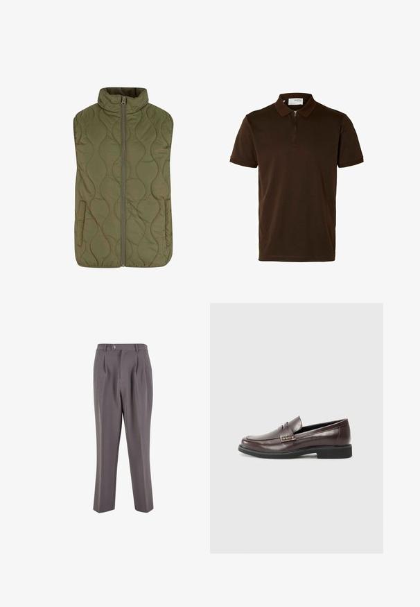 Gilet matelassé en vert olive, avec un col haut, une fermeture éclair à l'avant et deux poches latérales. Texture lisse avec un motif de couture ondulée.; Polo shirt marron en tissu lisse, doté d'un col zippé, de manches courtes et d'une coupe ajustée. Aucun motif ni accent visible.; Pantalons plissés gris en tissu lisse, avec une coupe droite, une fermeture à bouton unique et des poches latérales en biais.; Mocassins en cuir marron avec une finition lisse, présentant un léger détail de couture sur le dessus et une semelle en caoutchouc noire.