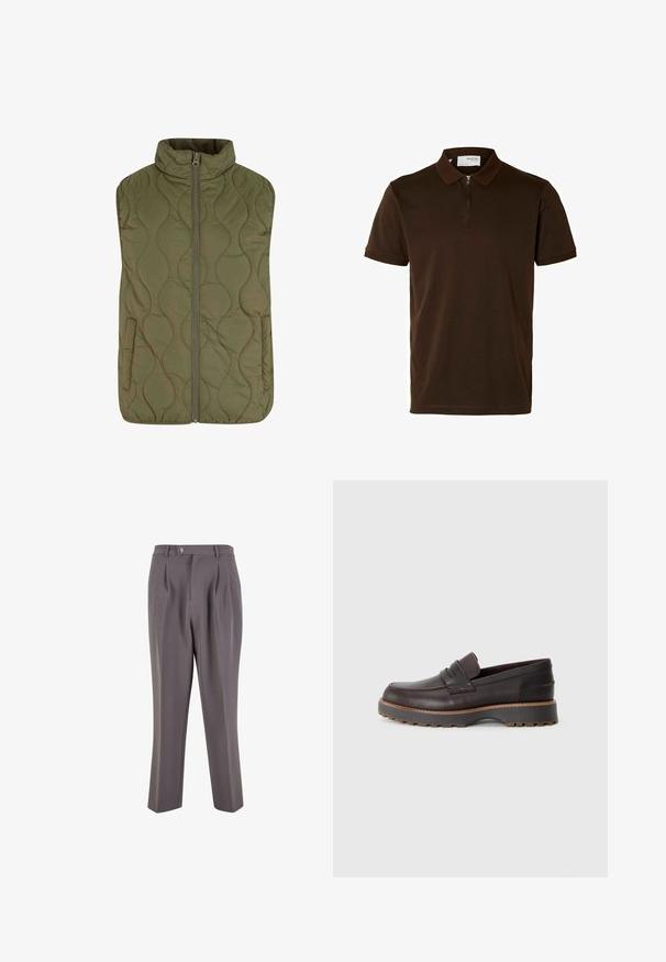 Quilted vest in olive green, featuring a high collar, front zipper, and two side pockets. Smooth texture with wavy pattern stitching.; Brown polo shirt made of smooth fabric, featuring a zippered collar, short sleeves, and a tailored fit. No patterns or accents visible.; Gray pleated trousers made of smooth fabric, featuring a straight leg design, a single button closure, and slanted side pockets.; Brown leather loafers with a low profile, featuring stitched detailing, a slightly elevated rubber sole, and a smooth finish.