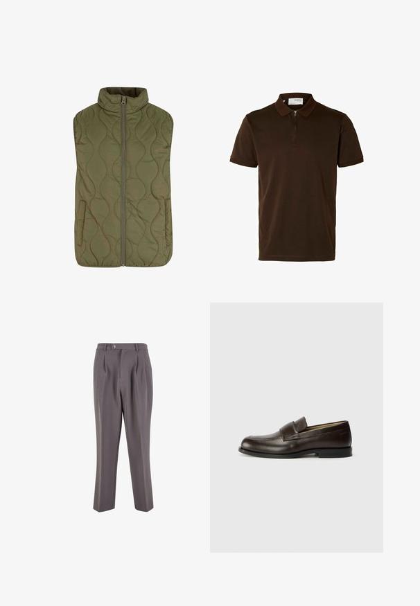 Gilet imbottito di colore verde oliva, con colletto alto, zip frontale e due tasche laterali. Texture liscia con cuciture a motivo ondulato.; Polo marrone realizzato in tessuto liscio, con colletto a zip, maniche corte e vestibilità su misura. Nessun motivo o accento visibile.; Pantaloni grigi plissettati realizzati in tessuto morbido, con una vestibilità dritta, chiusura a un bottone e tasche laterali inclinate.; Calvin Klein Scarpe senza lacci - cocoa brown